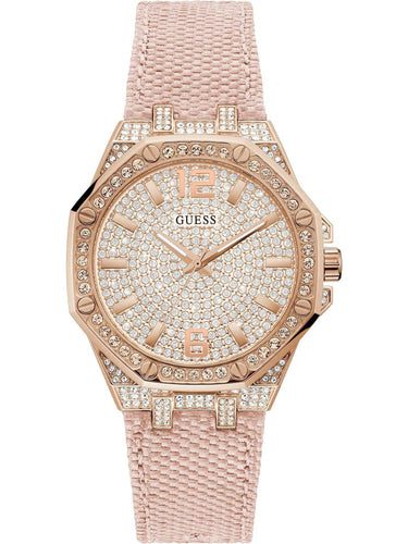 Guess Damen Armbanduhr Shimmer 39 mm Voller Strass auf Gehäuse und Zifferblatt Armband Nylon GW0408L3